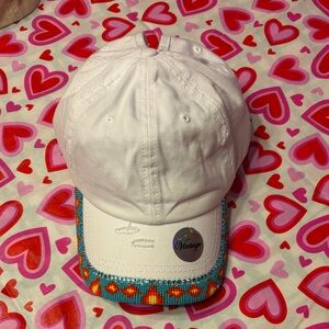 White Cap with Colorful Beaded Brim